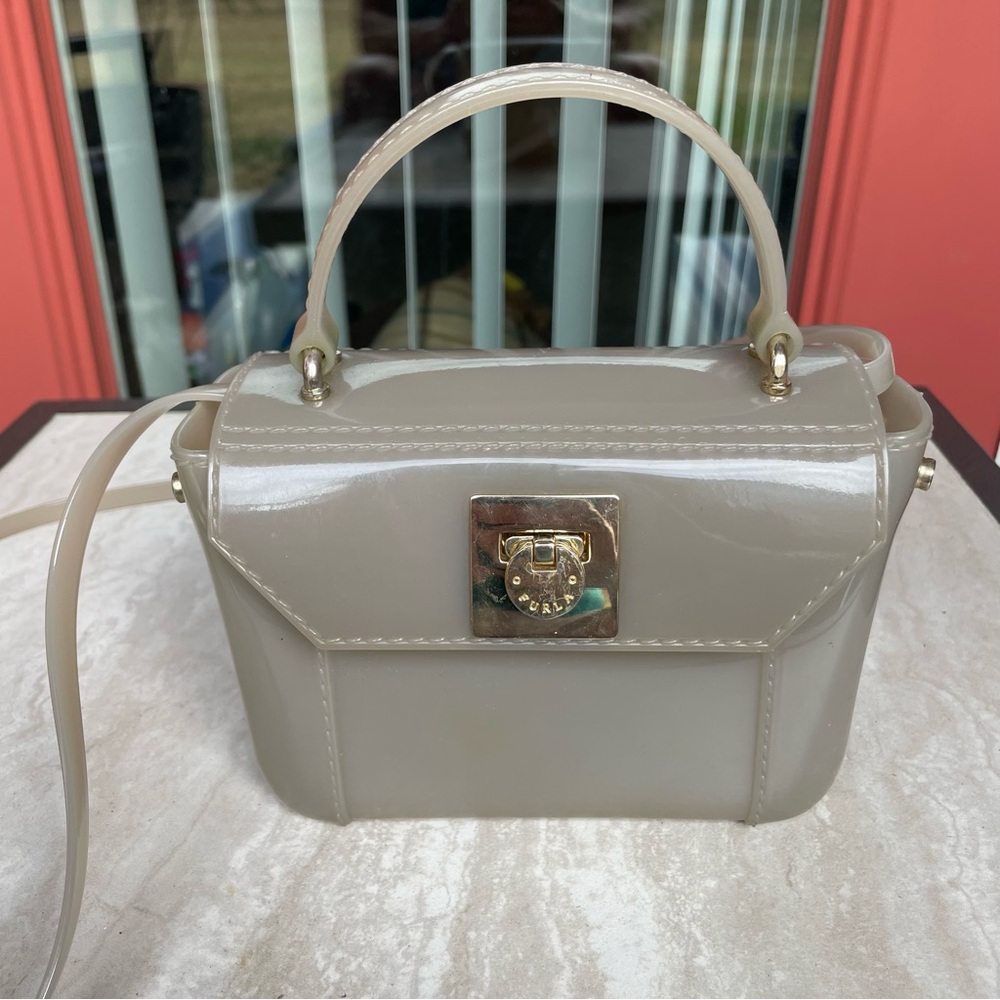 Furla Tan Taupe Rubber Plastic Small Crossbody Purse Bag EUC